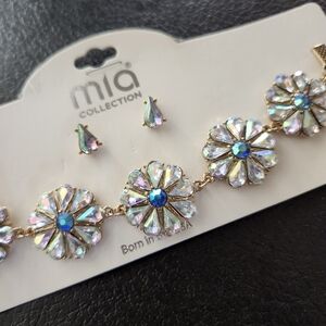 MIA Rhinestone and Blue Velvet Gold Statement Choker Necklace, Stud Earrings